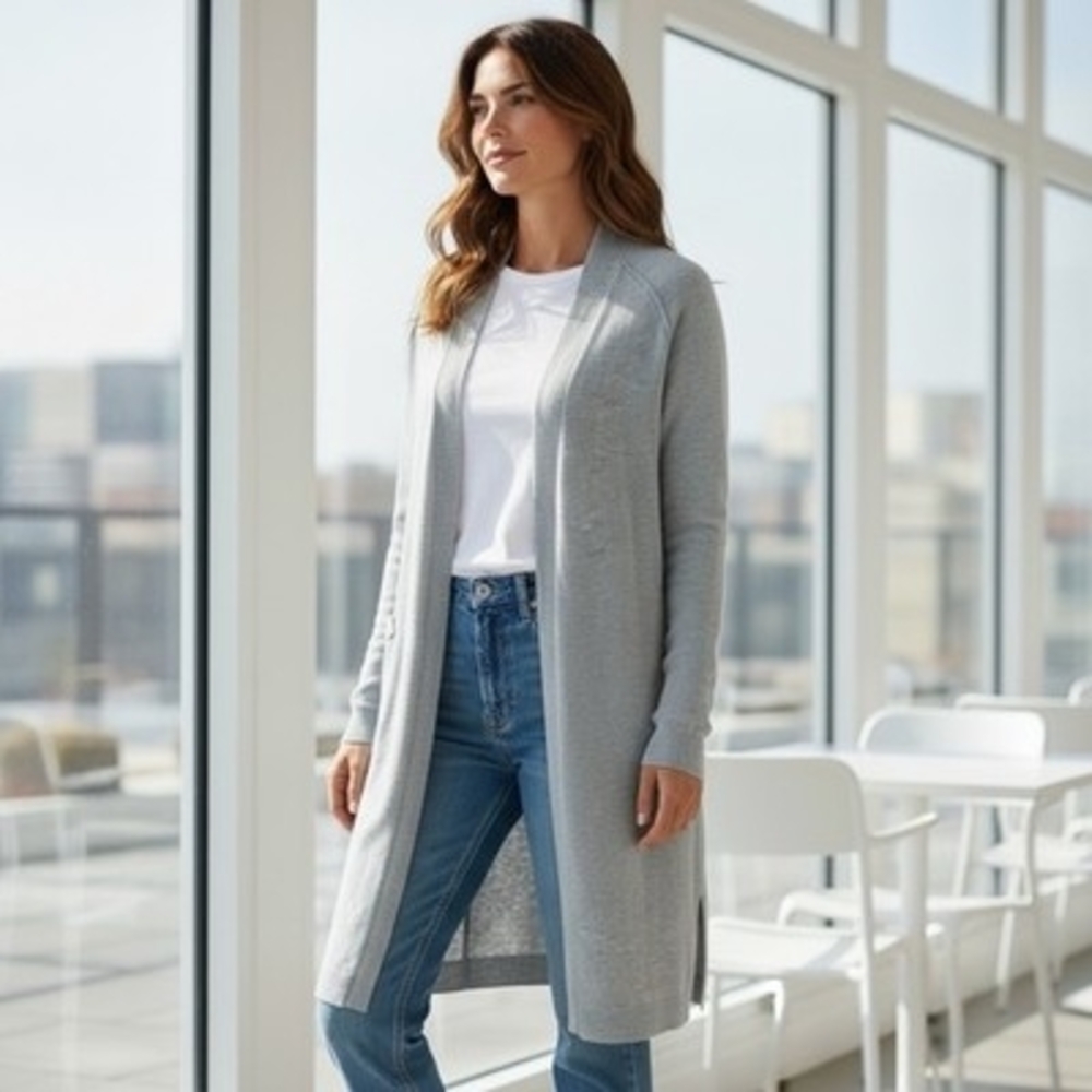89th & Madison Open Front Knit Duster Cardigan Gray Womens Size M